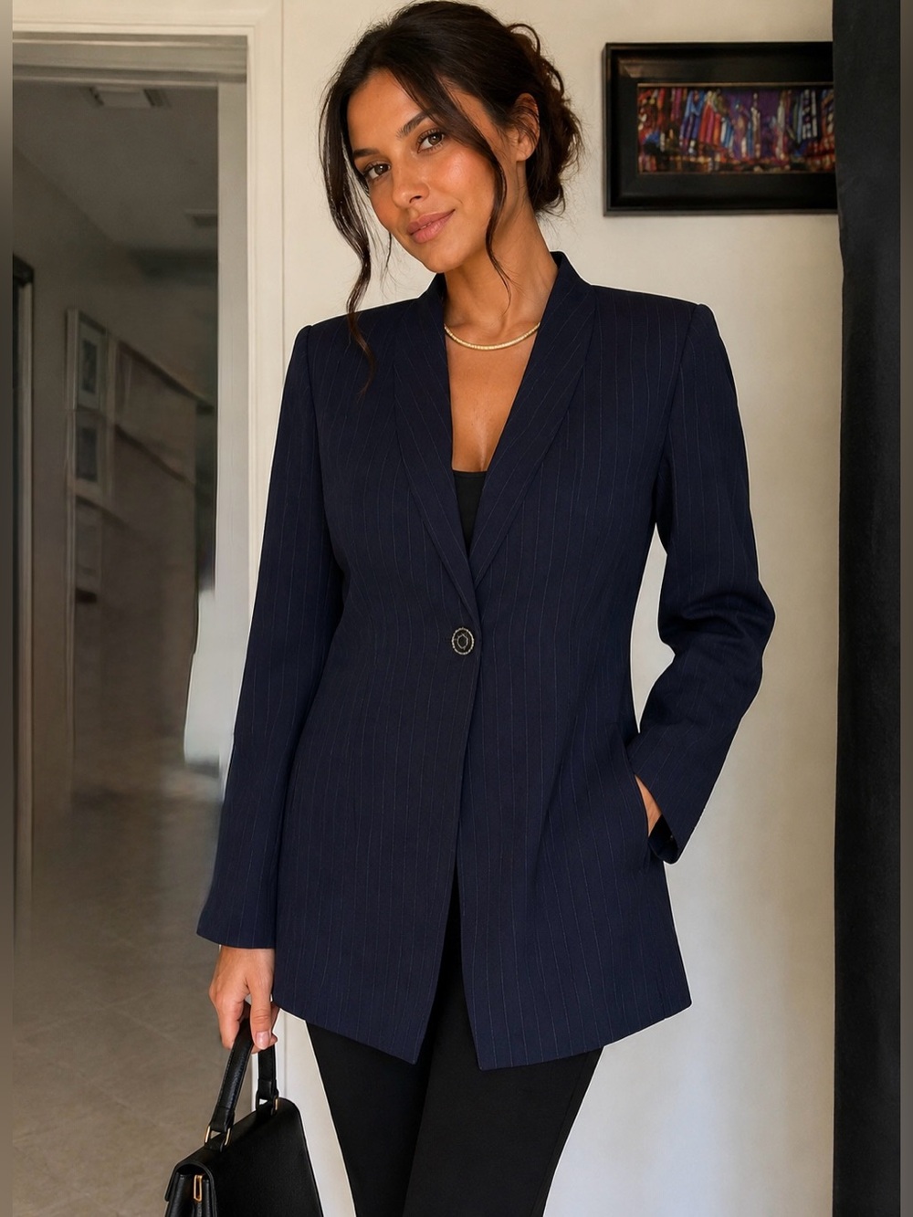 Navy blue pinstriped John Meyer blazer